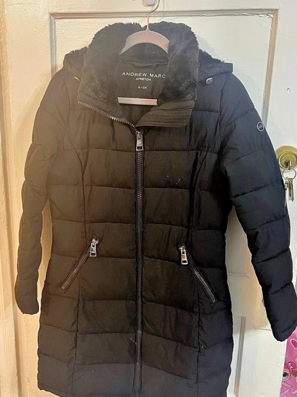 Andrew Marc Stretch Puffer Jacket with Faux Fur Hood Black Puffer Coat Size Smal